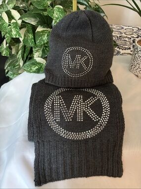 Michael Kors Dark Charcoal Knit Hat & Scarf Set with Crystal MK Logo